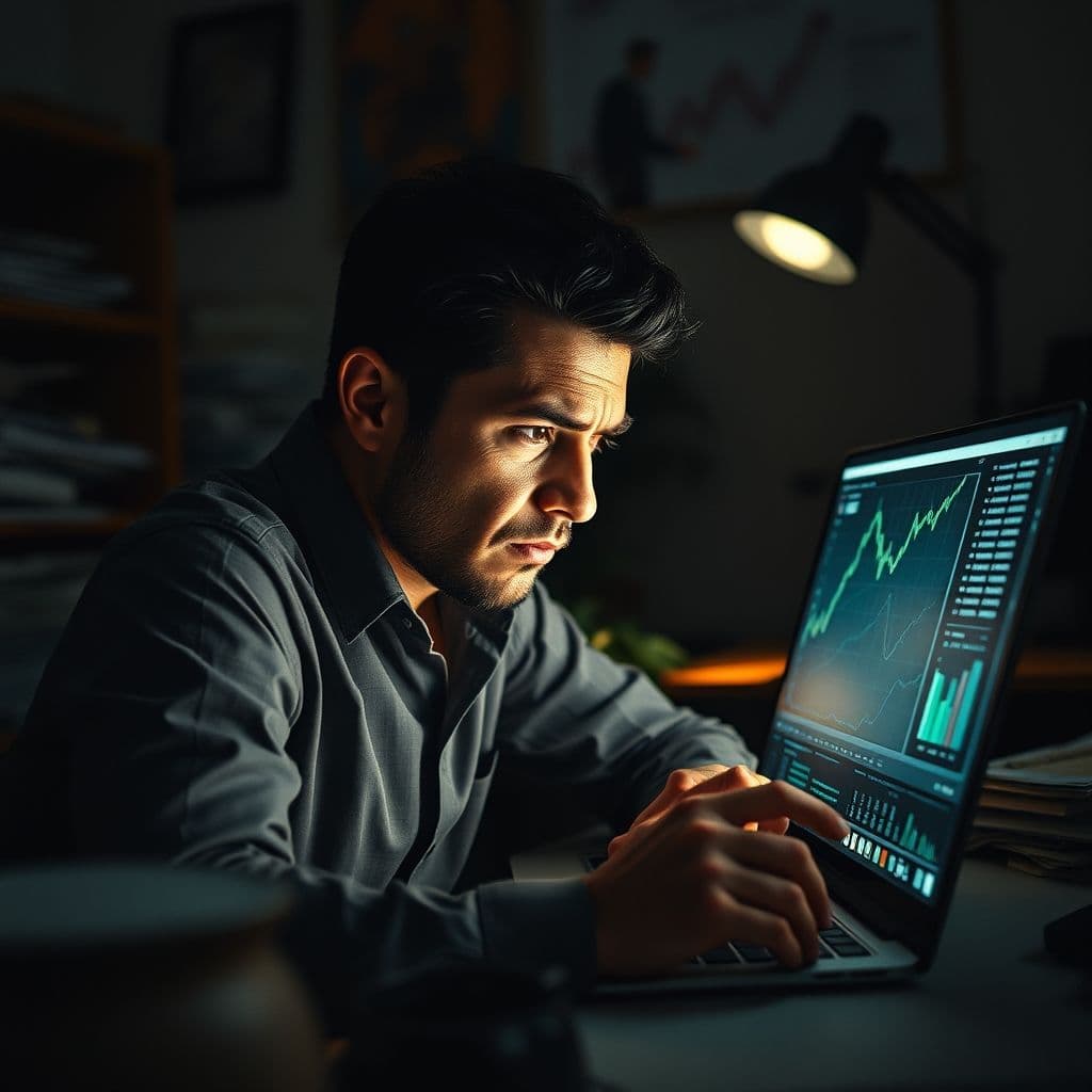 A stressed small business owner looking at financial documents on a laptop.