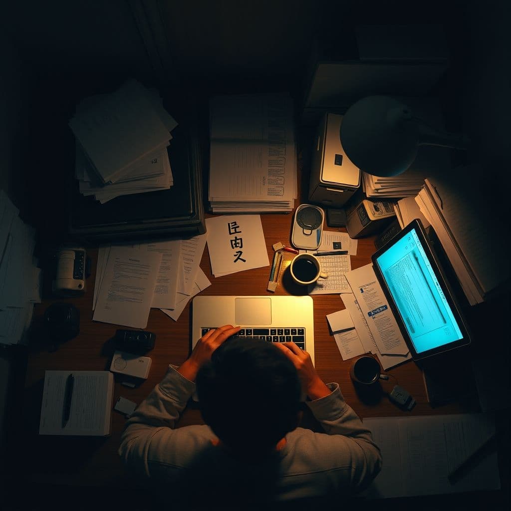 Person overwhelmed by multiple tasks and distractions