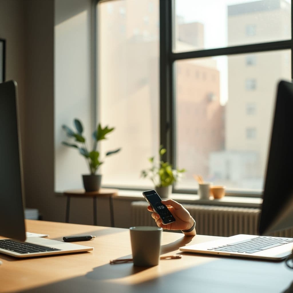 Person using phone timer while working at desk with clean workspace