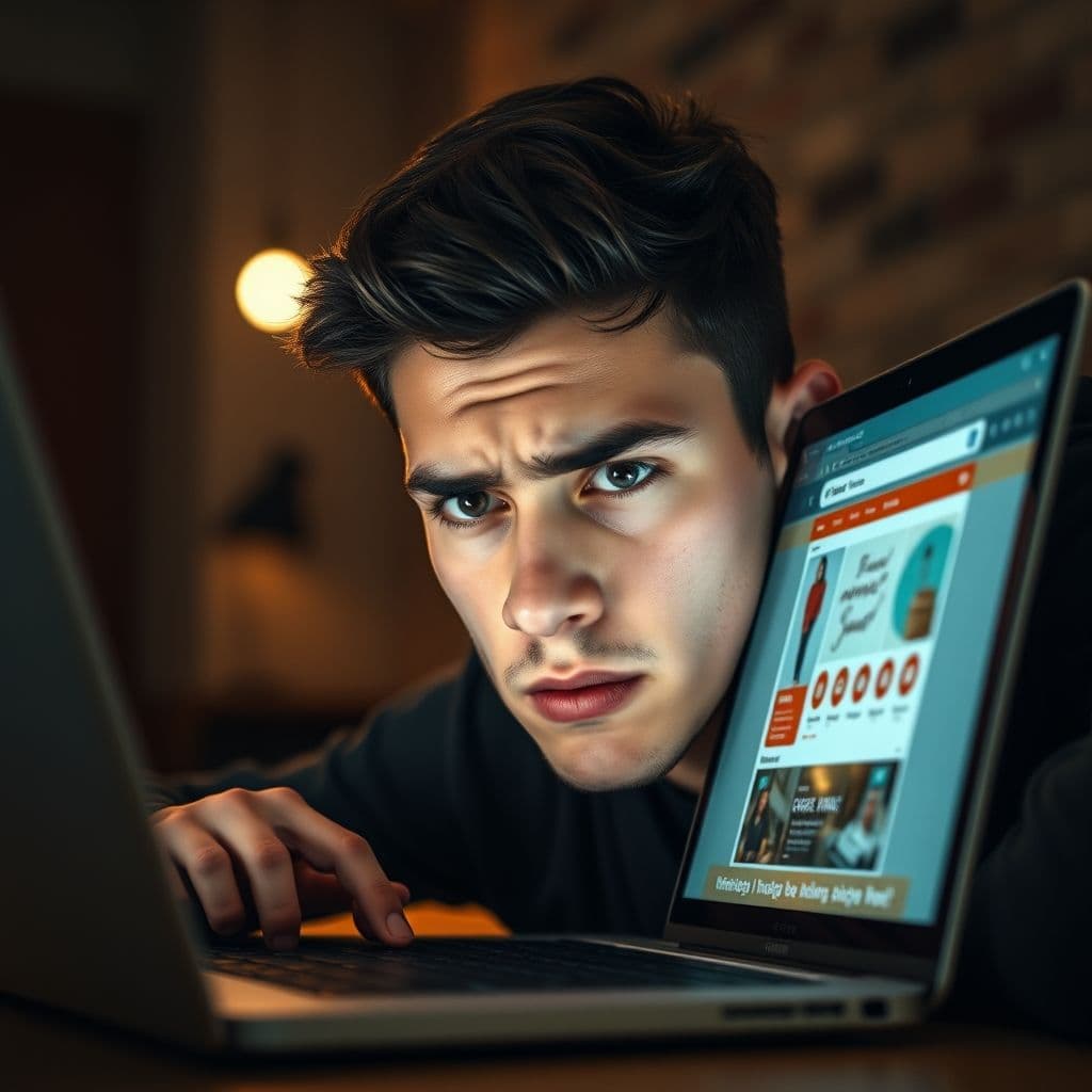 A frustrated entrepreneur struggling with dropshipping setup on a laptop.