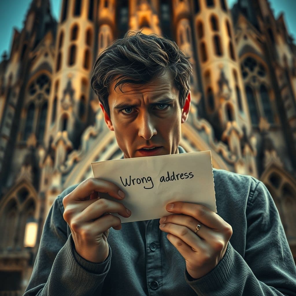 Frustrated person holding misdelivered mail with wrong address written on it.