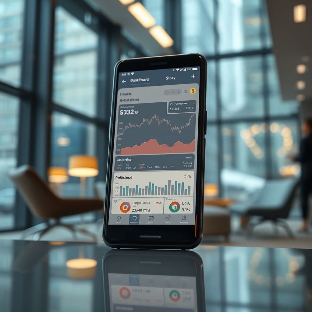 A futuristic finance app dashboard on a smartphone screen.