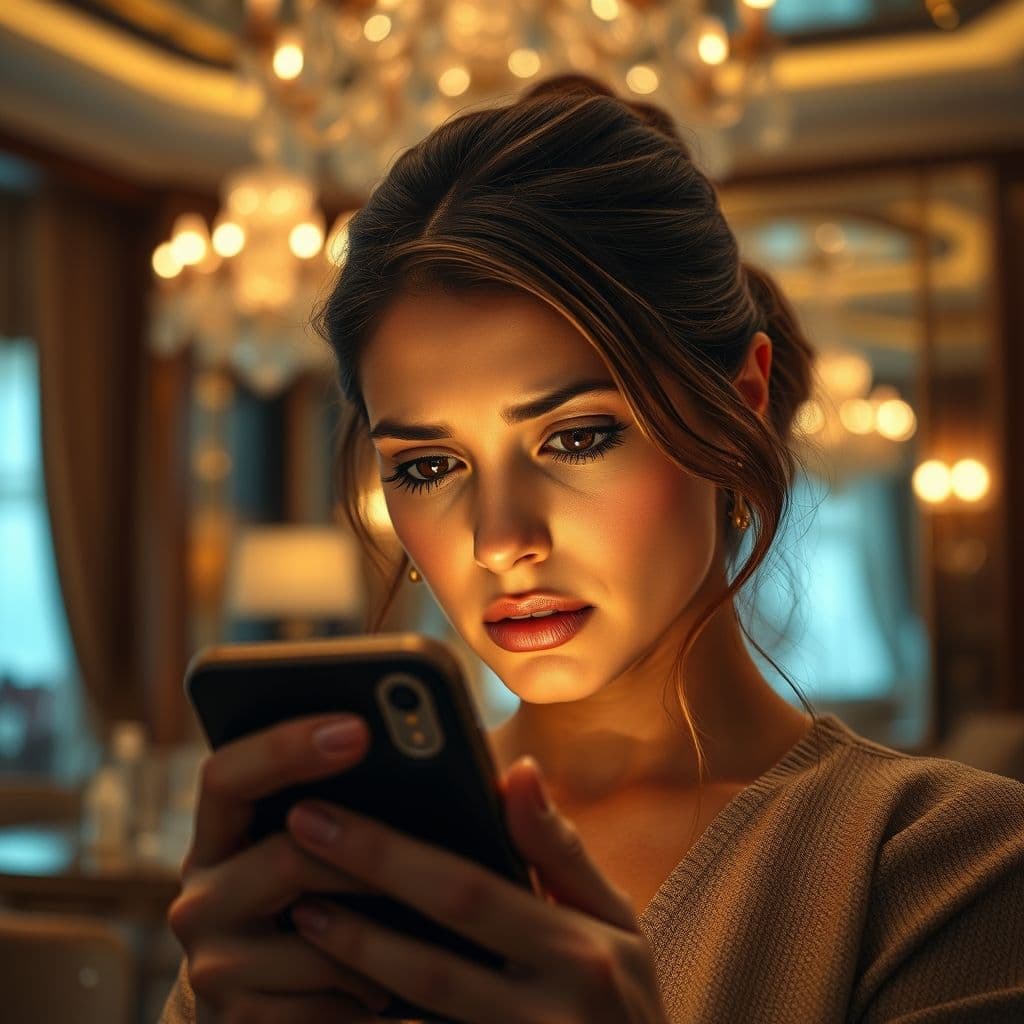 A stressed beauty entrepreneur looking at her phone with a worried expression.