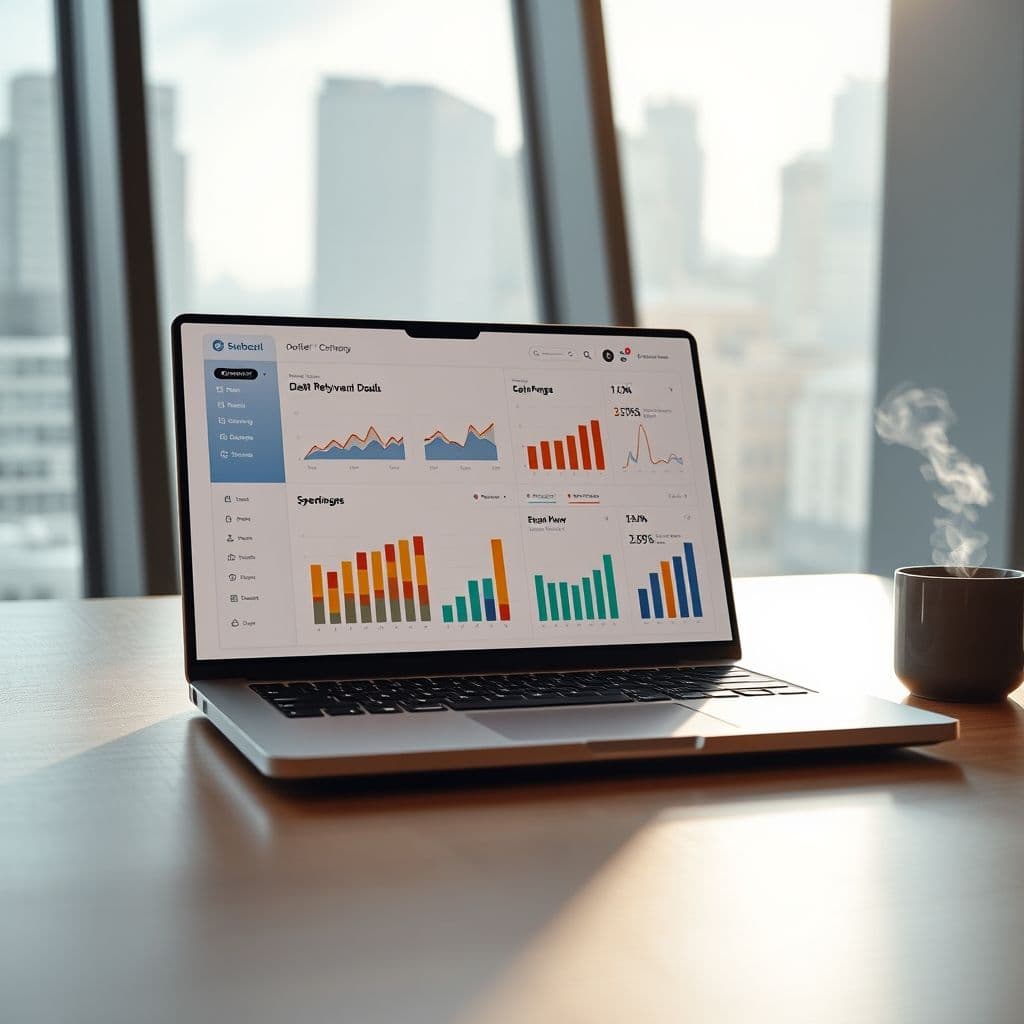 A mock-up of a sleek debt management dashboard on a laptop.
