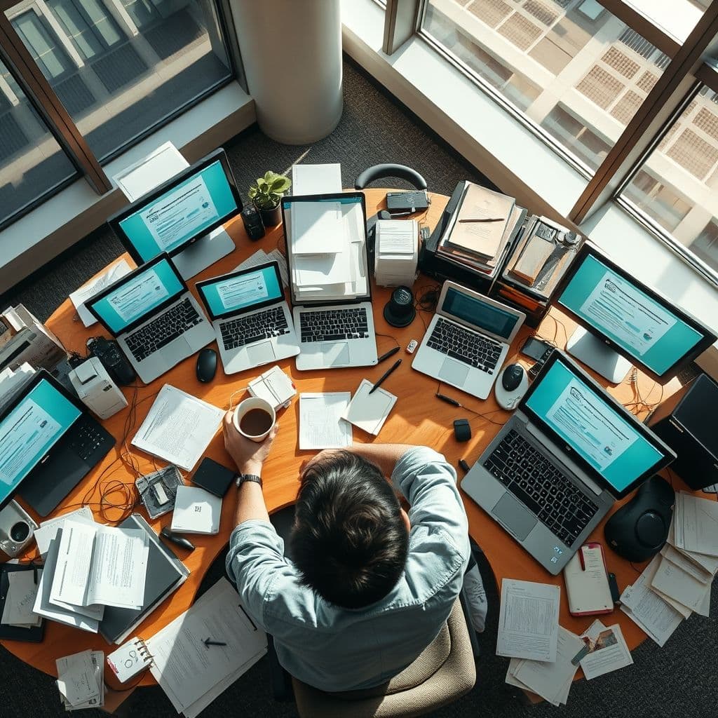 A freelancer overwhelmed by multiple open tabs of job applications and rejection emails.