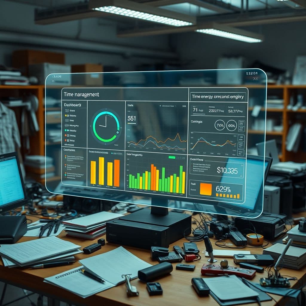 A stressed college student managing multiple tasks with a futuristic SaaS interface overlay.