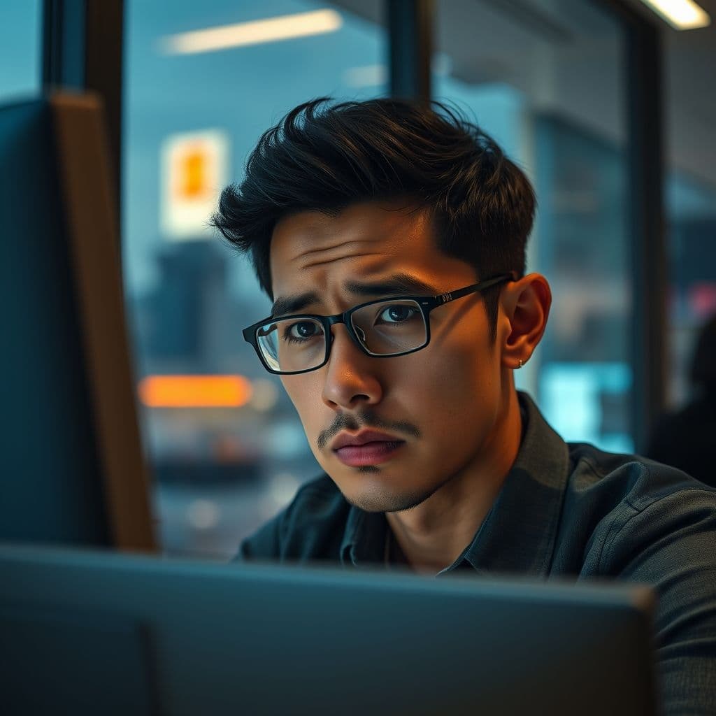 A frustrated digital marketer staring at a blank screen, symbolizing the challenges of faceless marketing.