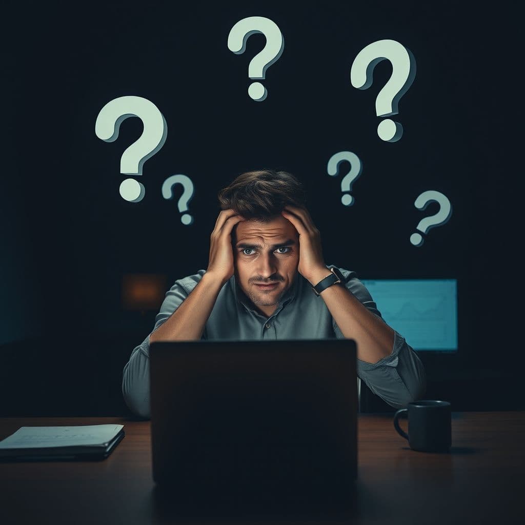 Overwhelmed POD store owner surrounded by marketing questions.