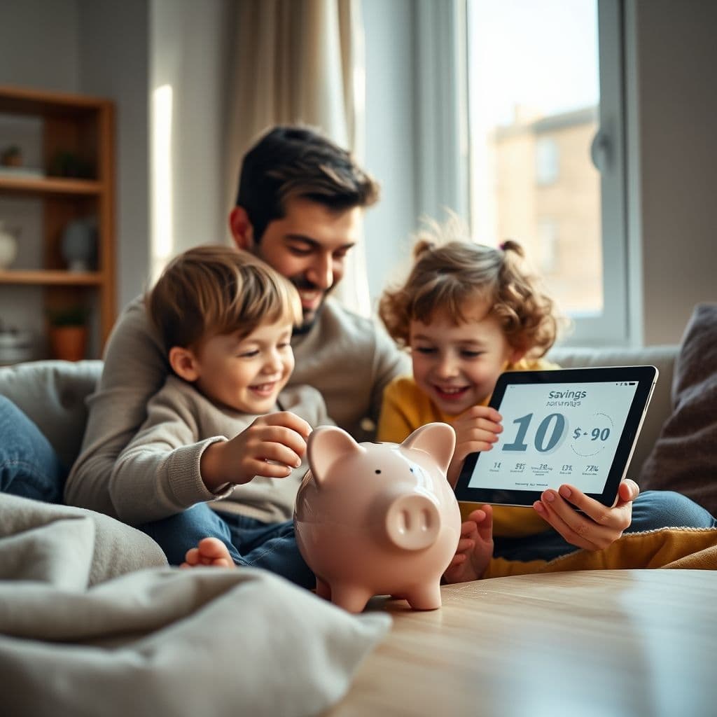 Happy child saving money in a piggy bank with parent guiding them.