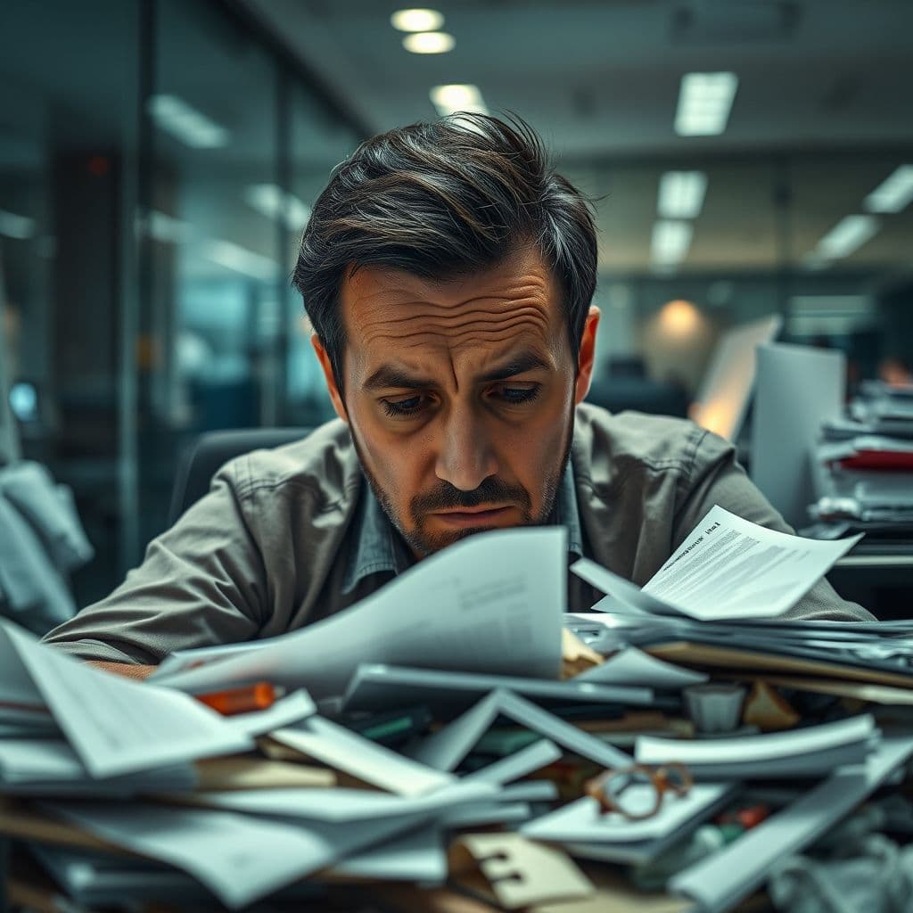 A high achiever overwhelmed by work stress, symbolizing burnout.