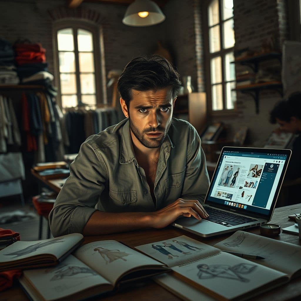 Frustrated clothing brand entrepreneur surrounded by multiple design tools and sketchbooks