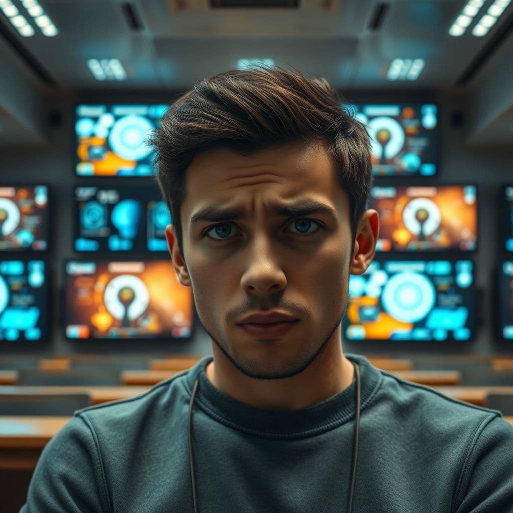 A frustrated learner surrounded by multiple AI learning resources.