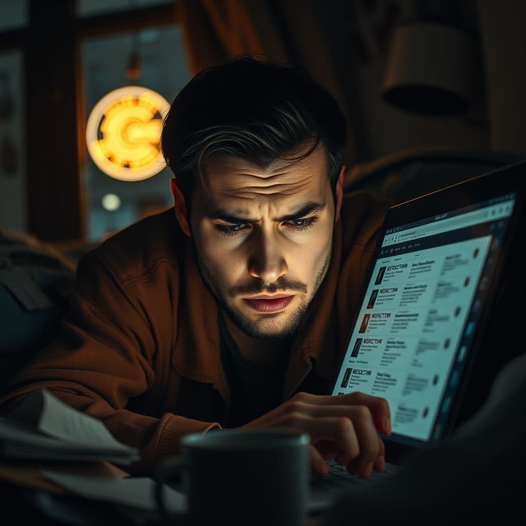 A frustrated freelancer staring at a laptop screen with multiple rejected job applications.