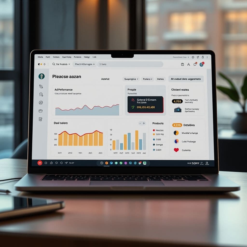 A sleek dashboard showing ad performance metrics and product suggestions.