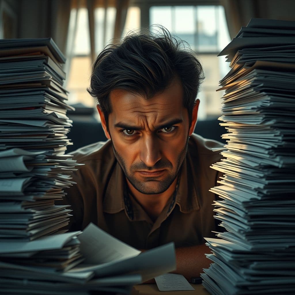 A frustrated person trying to track their spending with pen and paper while surrounded by receipts.