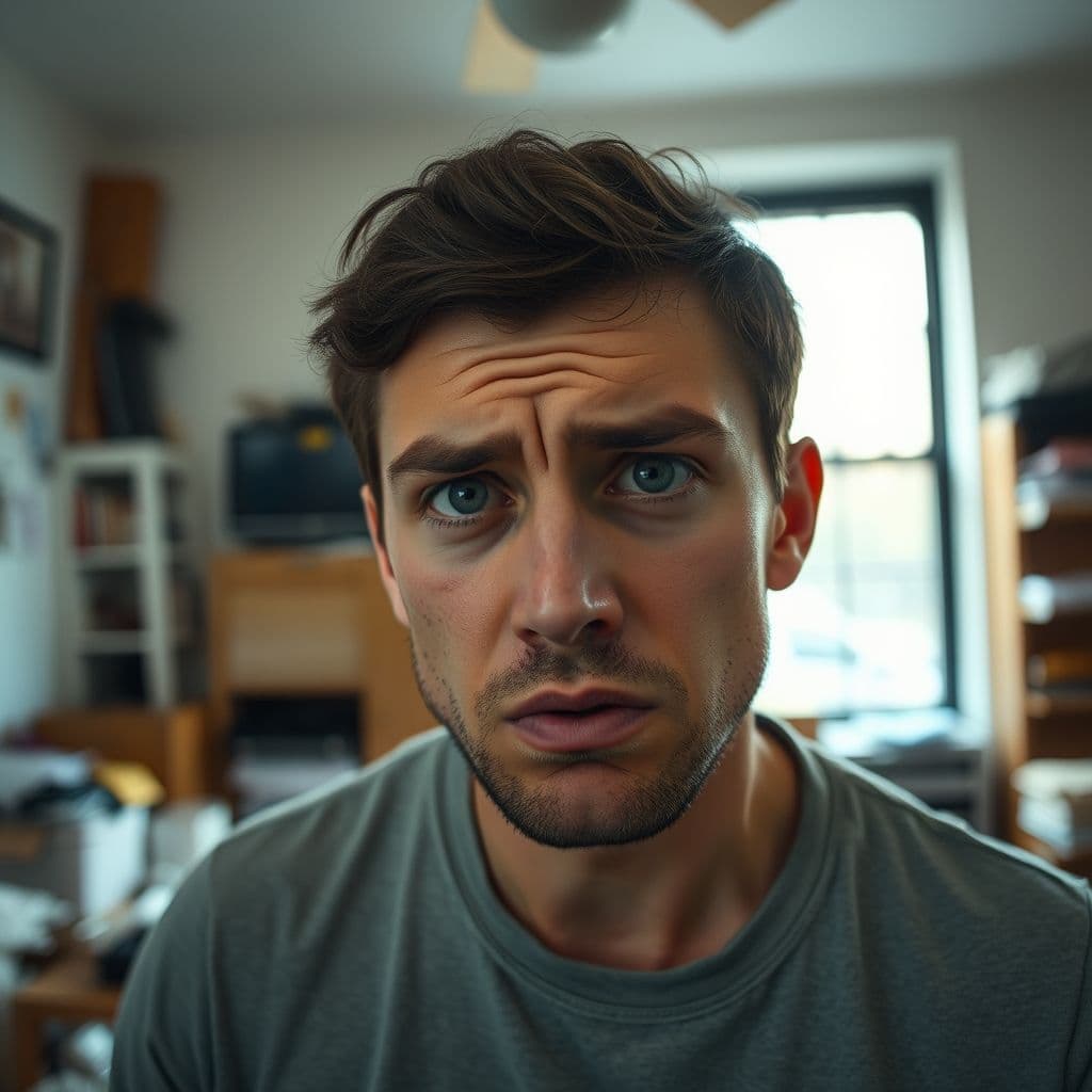 A person staring blankly at a cluttered room, overwhelmed by tasks.