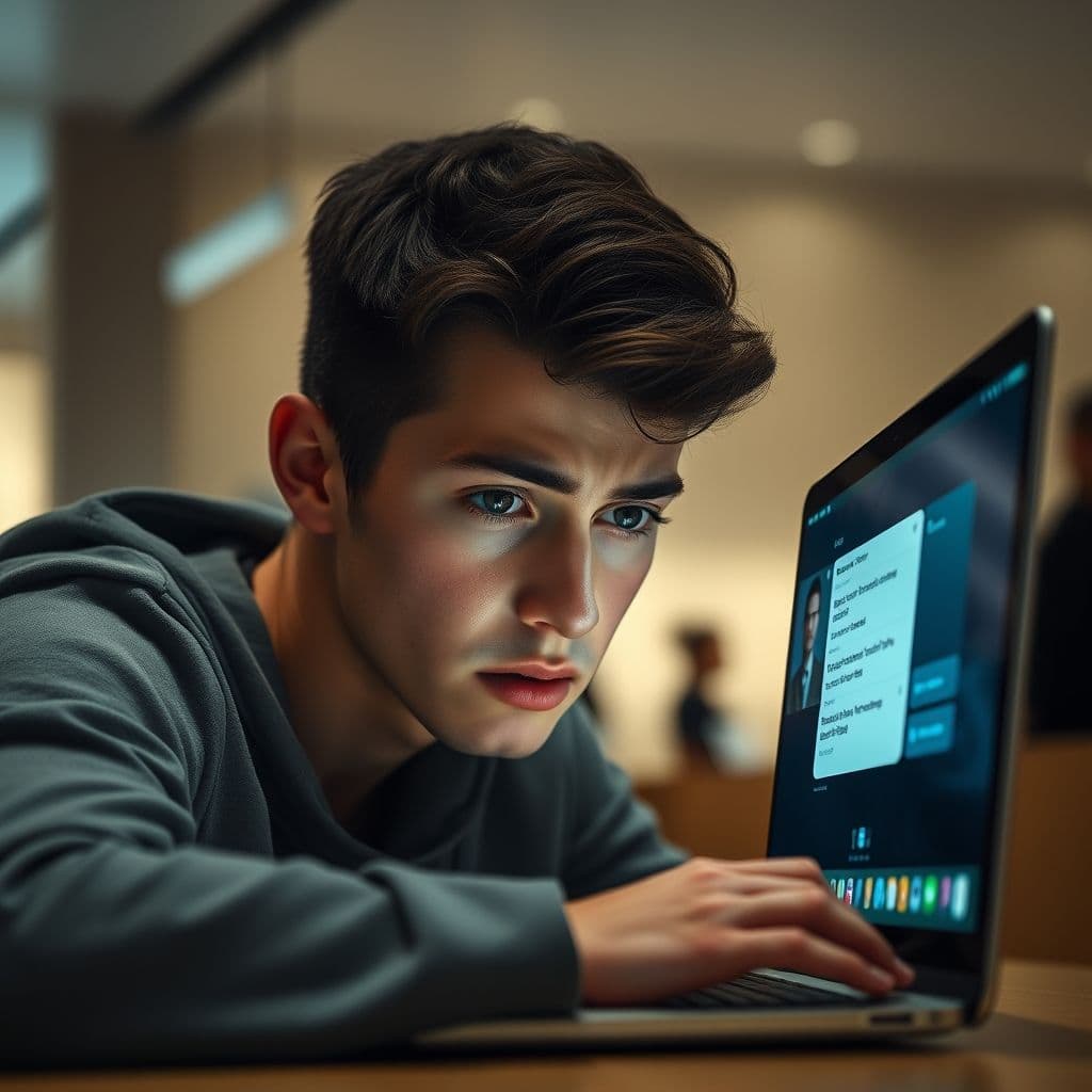 Frustrated user interacting with a generic AI chatbot on a laptop.