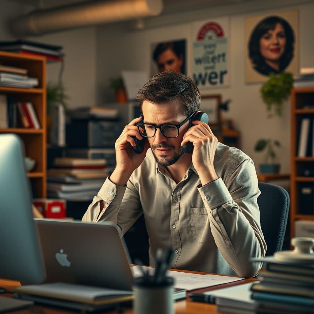 A overwhelmed CSM juggling multiple tasks while dealing with unhappy clients.