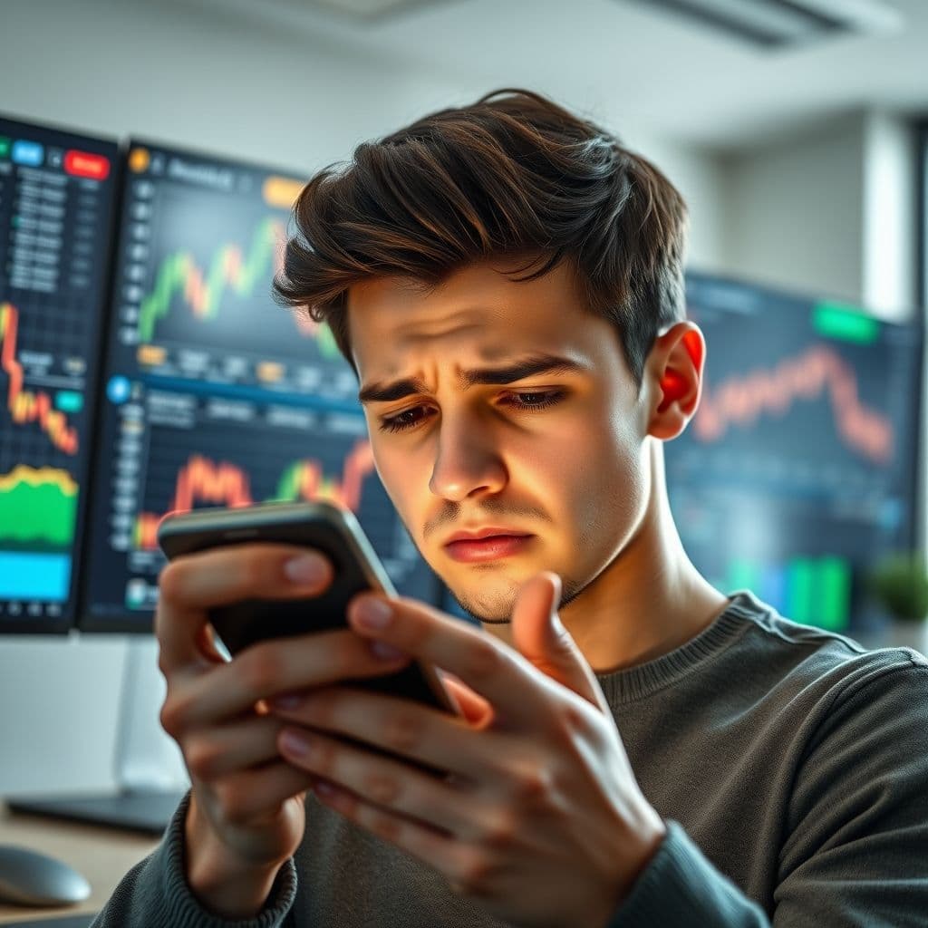 A confused investor looking at multiple investment apps on their phone.
