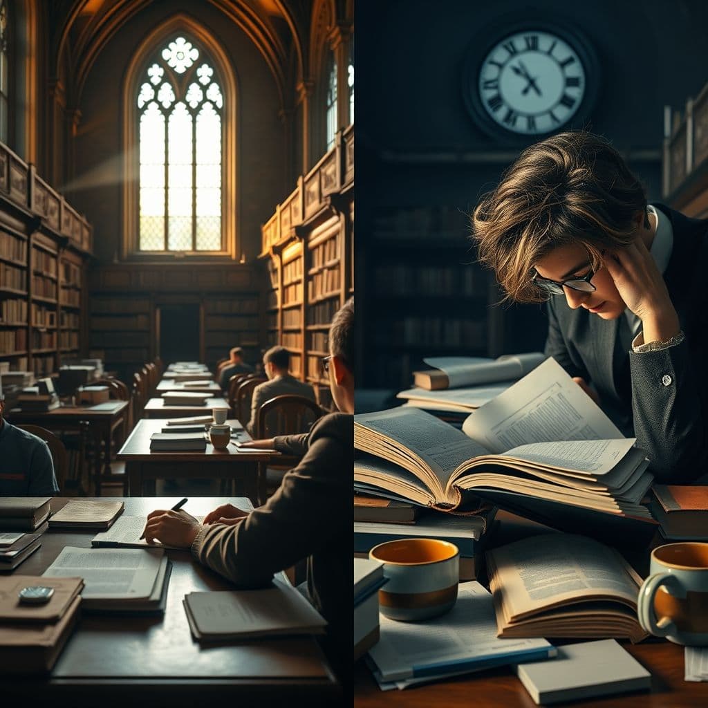 Side-by-side comparison of productive vs. burned-out study sessions