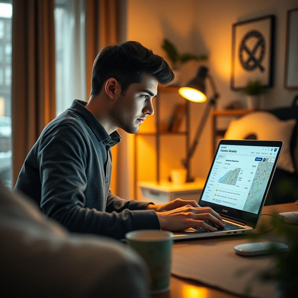 A person working on a laptop with a Google Maps interface open, symbolizing the side hustle of automating local business reviews.