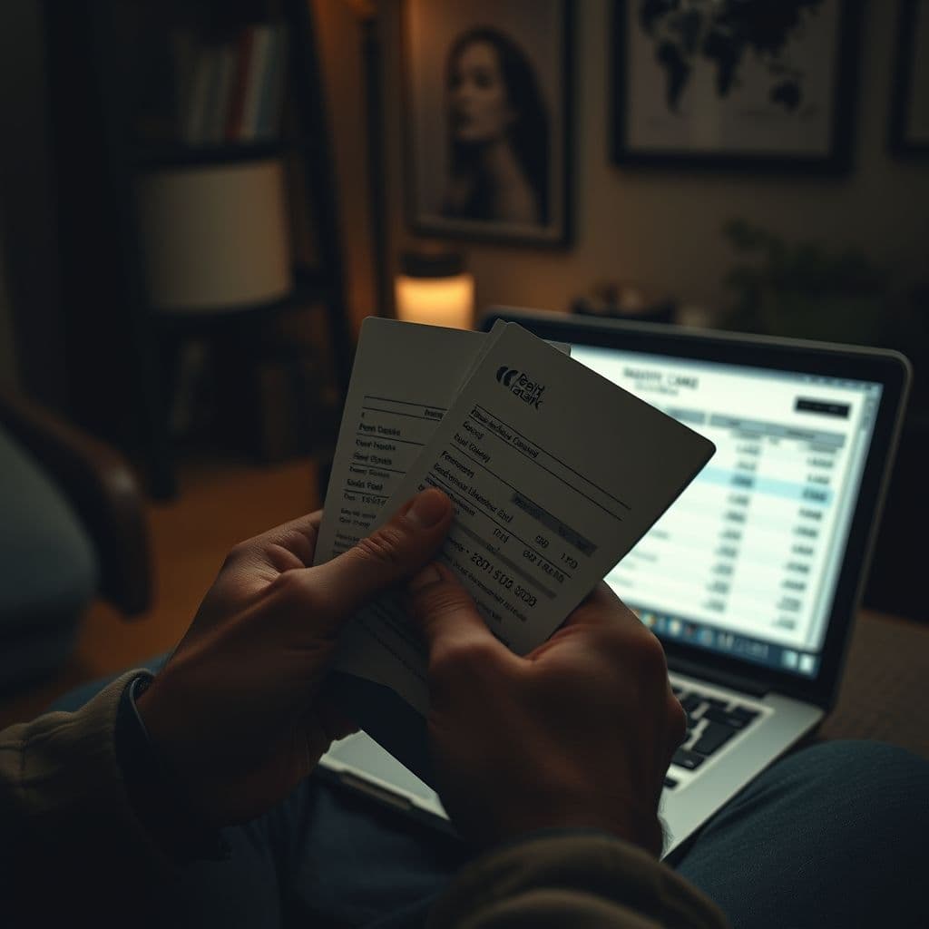 A person overwhelmed by credit card bills and financial stress.