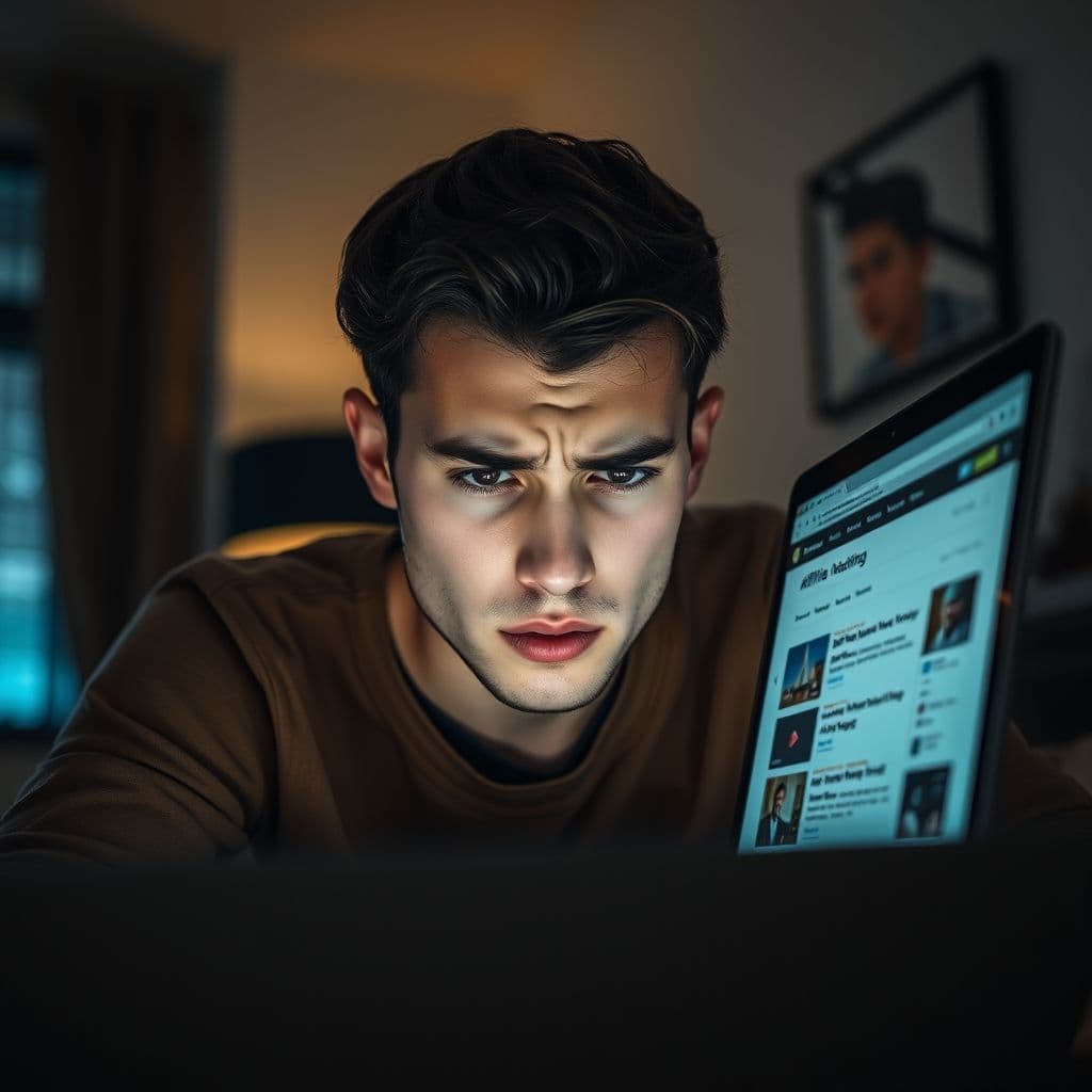 A frustrated individual staring at a laptop screen with affiliate marketing tabs open.