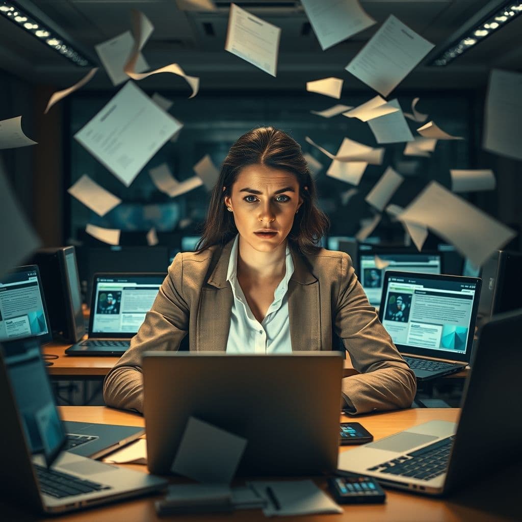 A frustrated entrepreneur surrounded by multiple confusing tech tools.