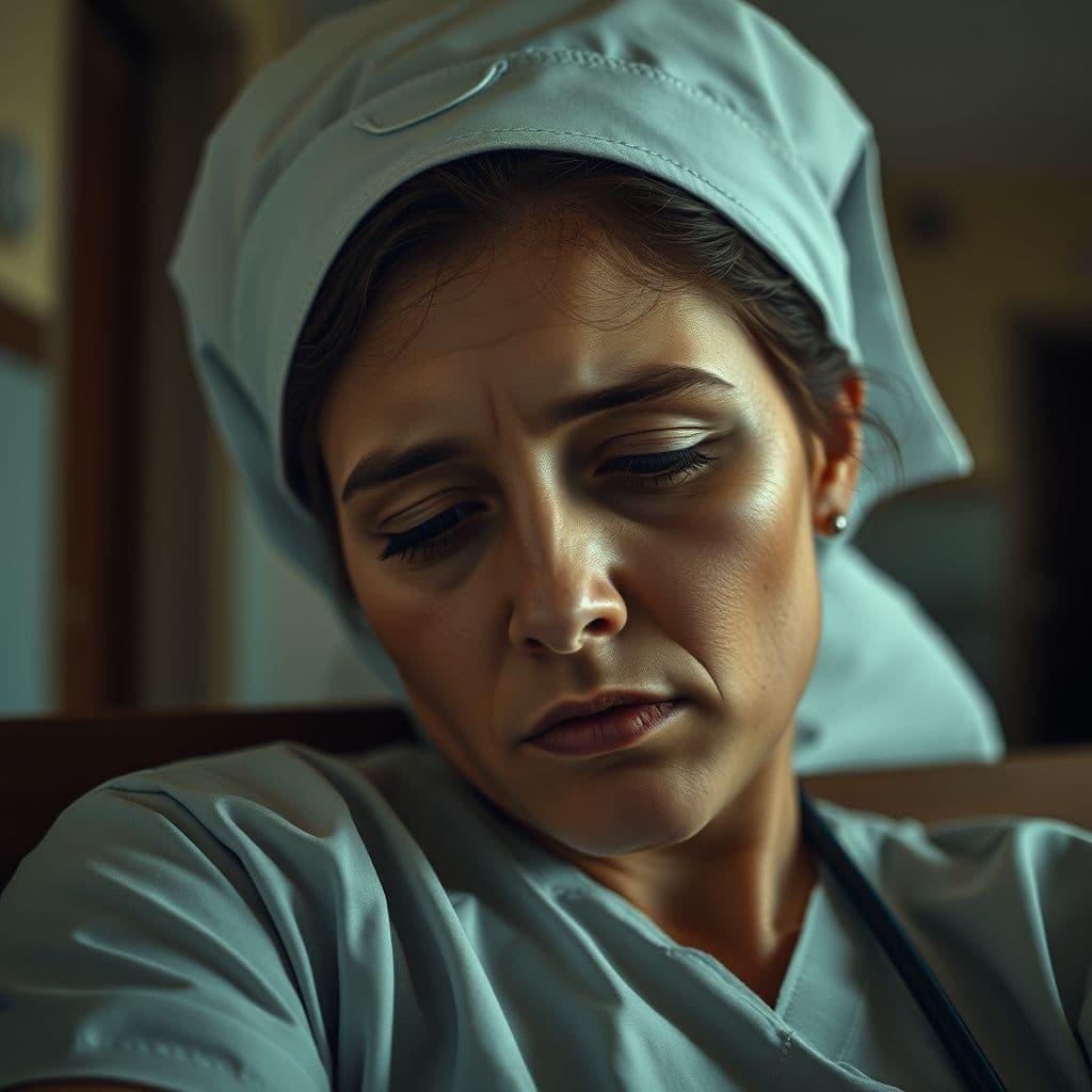 A nurse feeling overwhelmed and exhausted after a long shift.