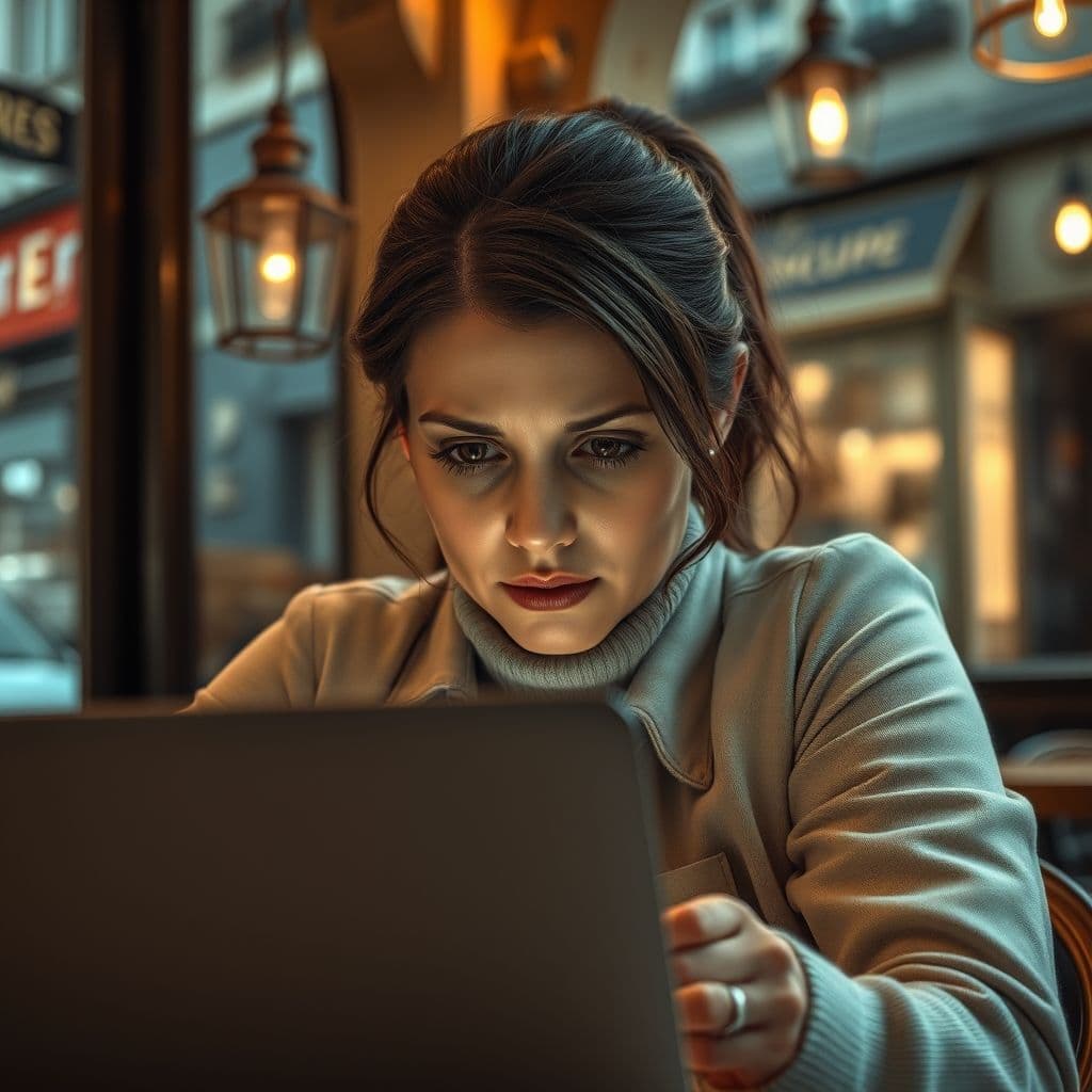 A frustrated small business owner reading a negative online review on a laptop.