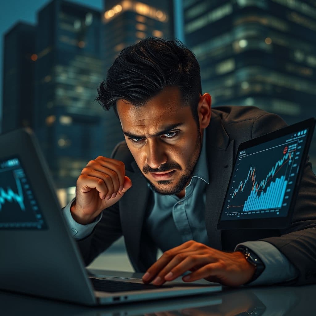 A frustrated entrepreneur looking at financial charts on a laptop.