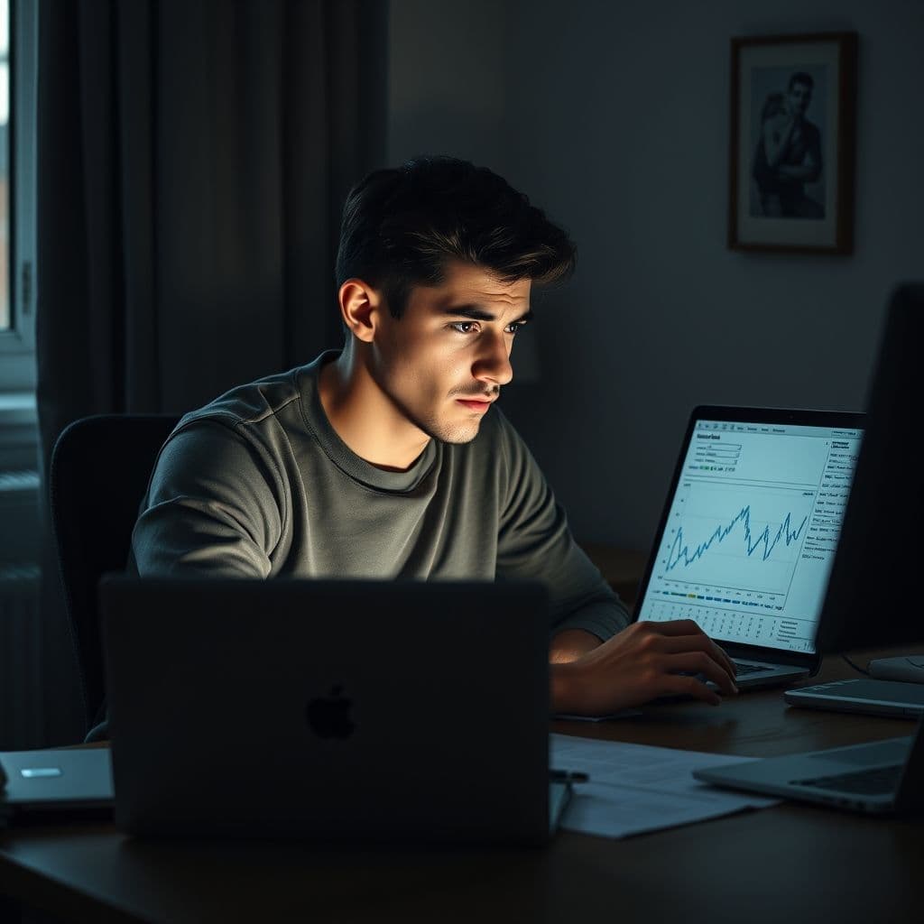 A frustrated young adult looking at confusing investment charts on a laptop.