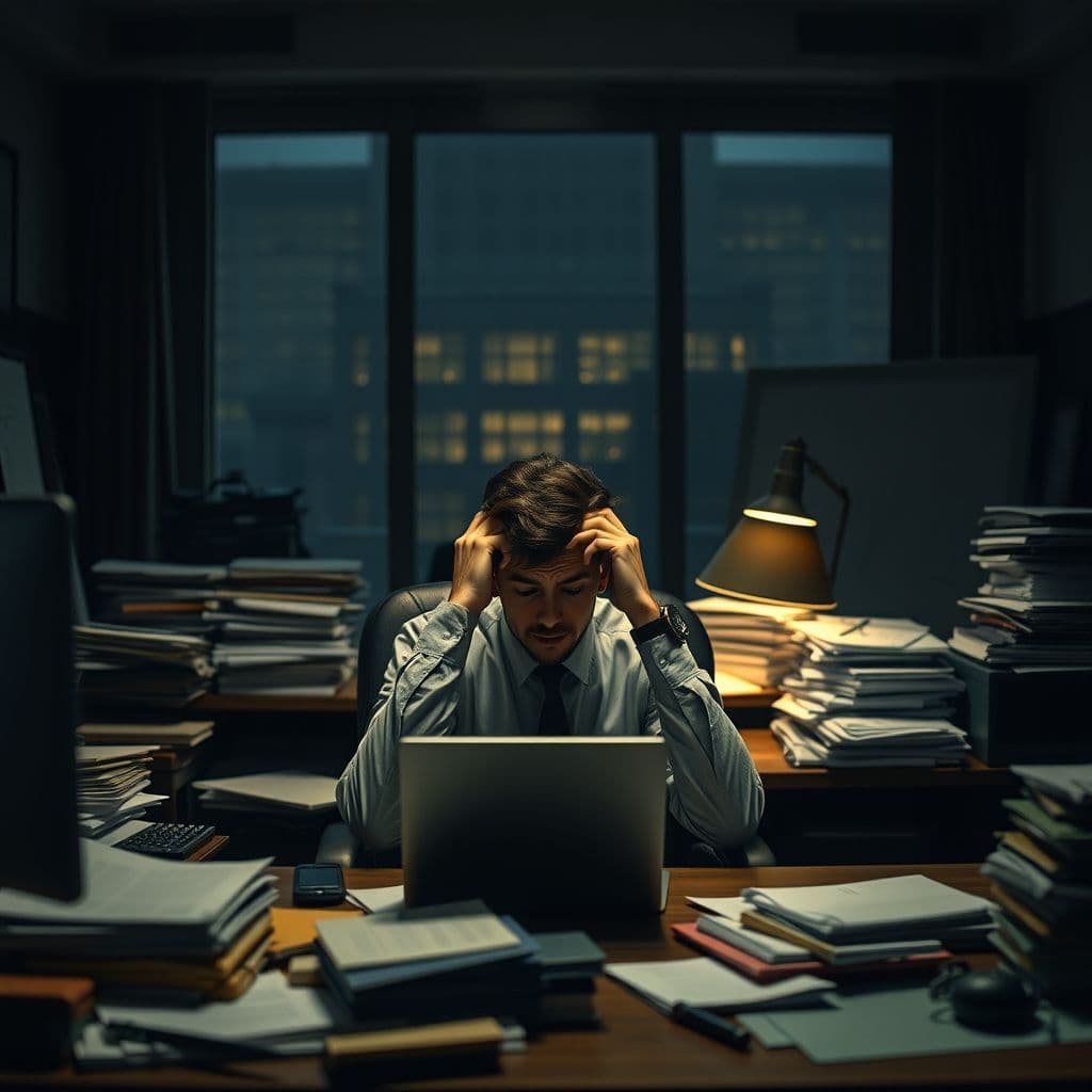 A person overwhelmed by a pile of unfinished tasks.