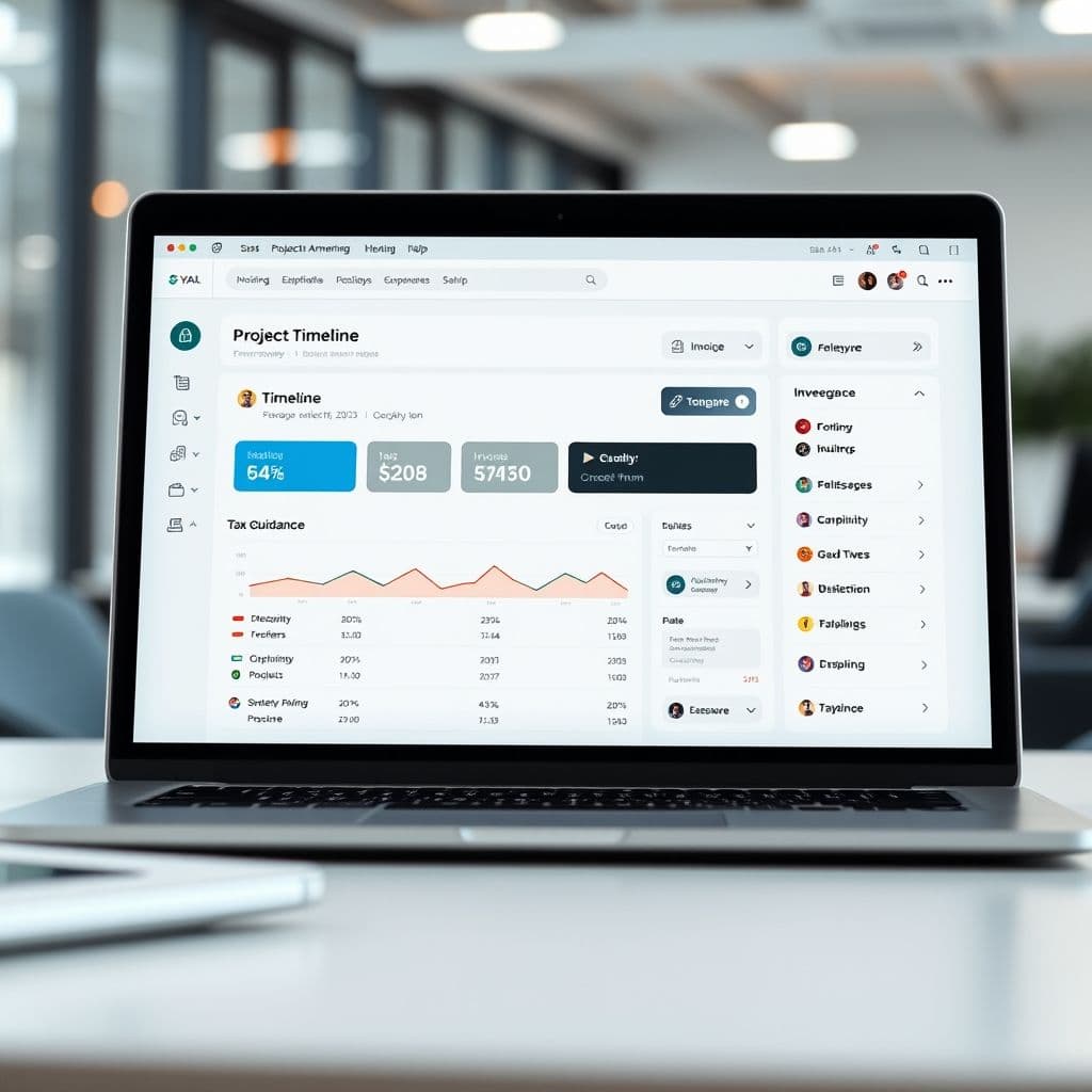 A sleek dashboard of a hypothetical freelance management platform on a laptop screen.