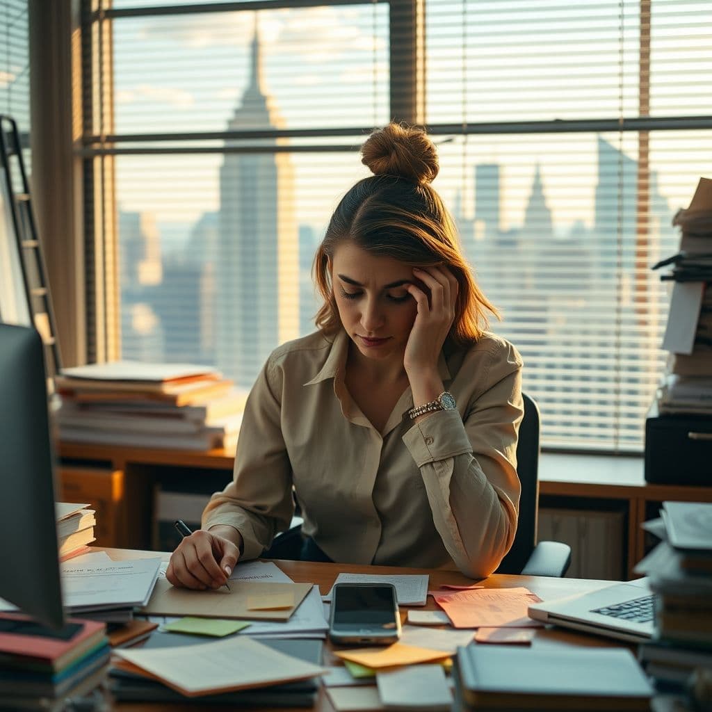 Overwhelmed professional surrounded by chaotic to-do lists and notifications