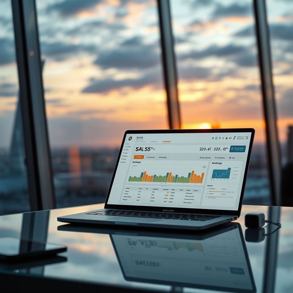 A futuristic digital workspace with a laptop showing a sleek SaaS dashboard for online business management.