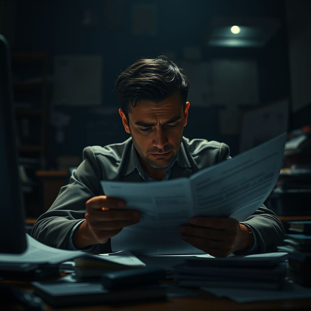 A person looking stressed while reviewing bank statements.