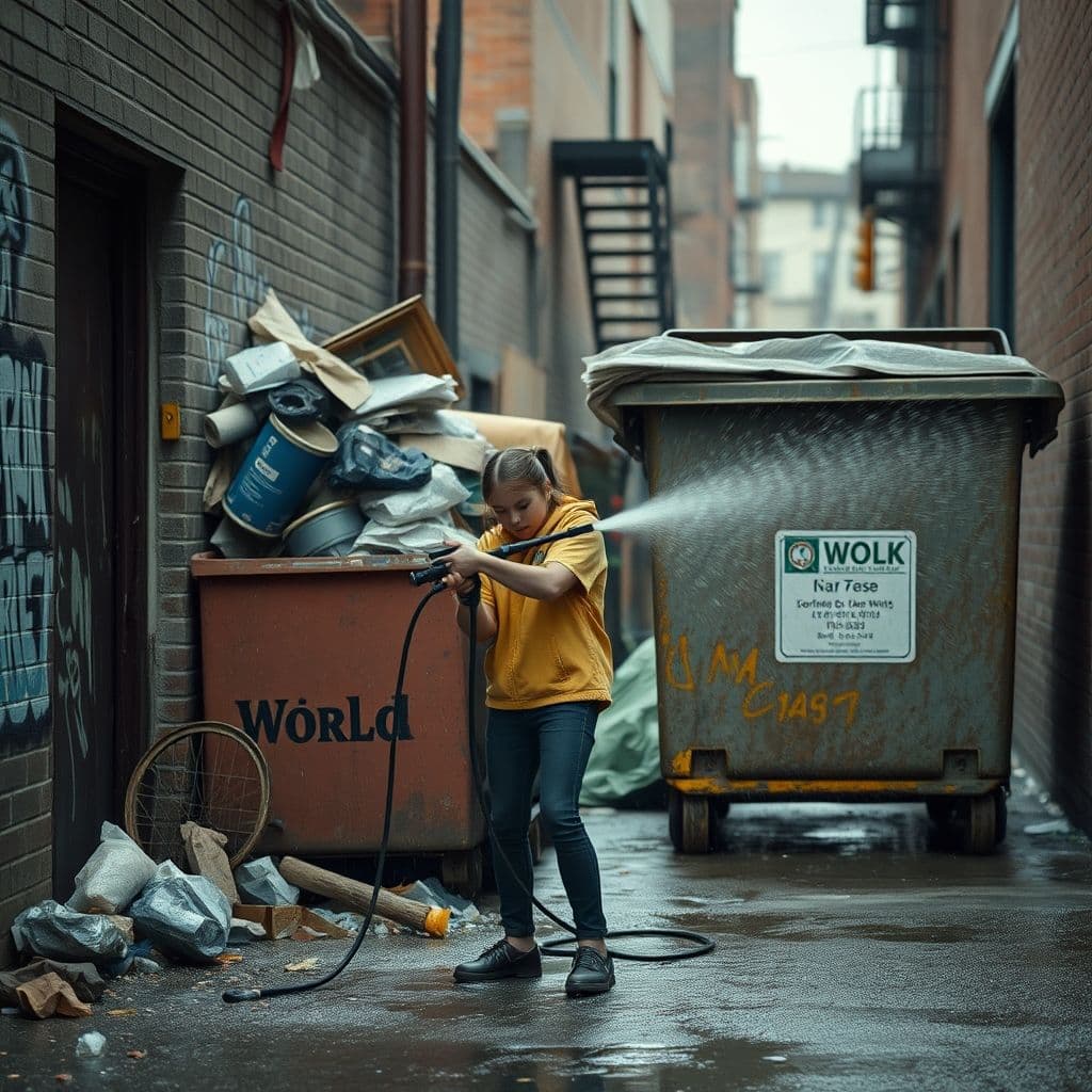 A teen struggling with a power washer and a trash-filled bin.