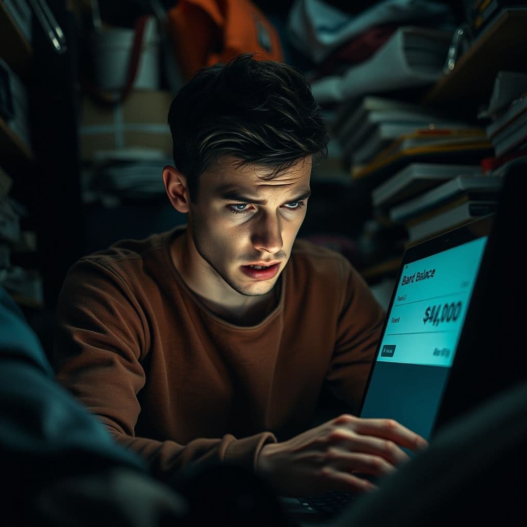 A frustrated person looking at their bank account with low savings.