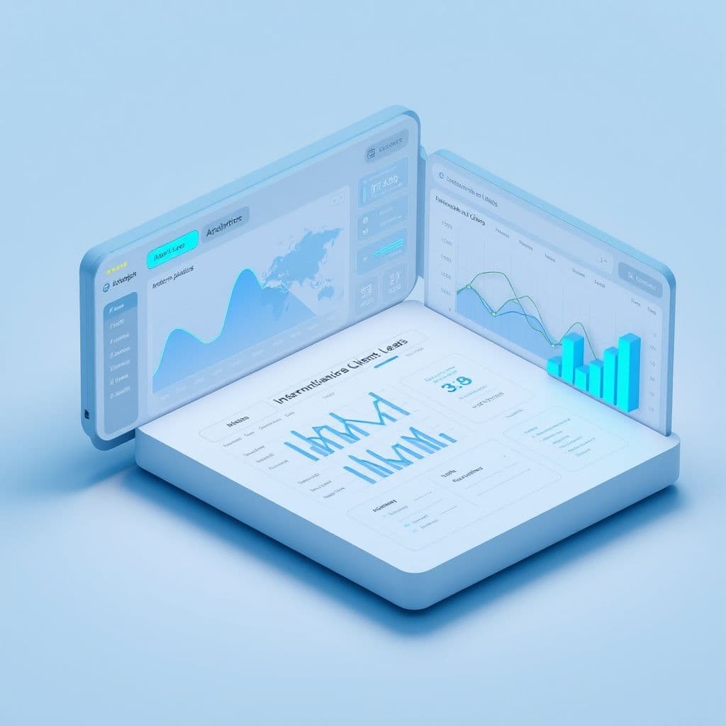 Conceptual interface of an international client acquisition SaaS platform.