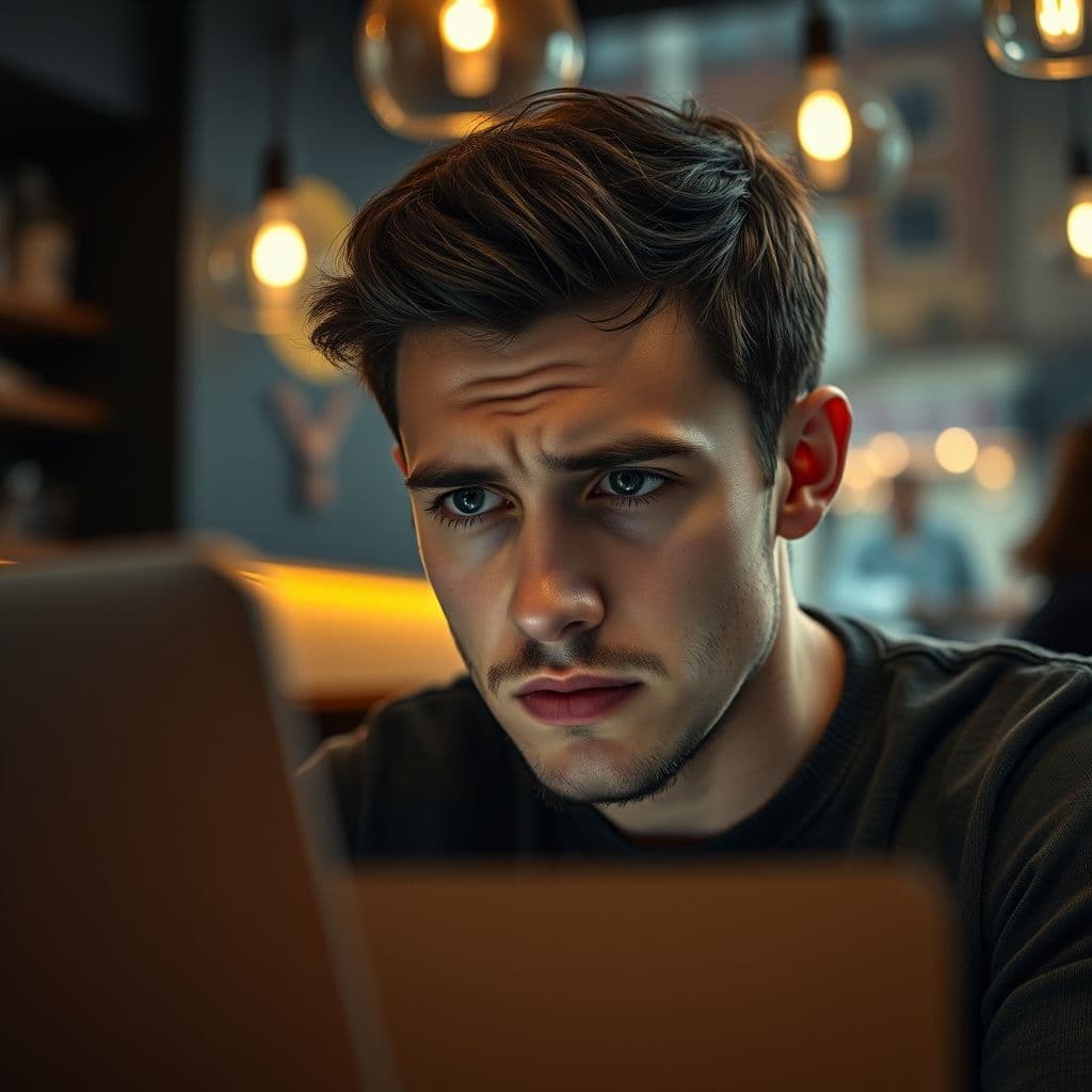 A frustrated freelancer looking at a laptop screen with no clients.