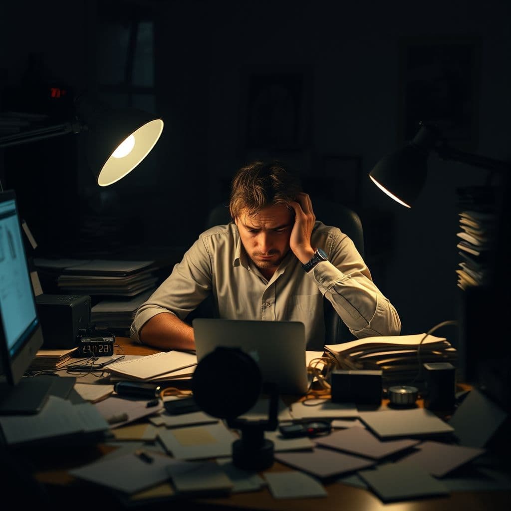 A frustrated remote worker surrounded by scattered notes and multiple timers.