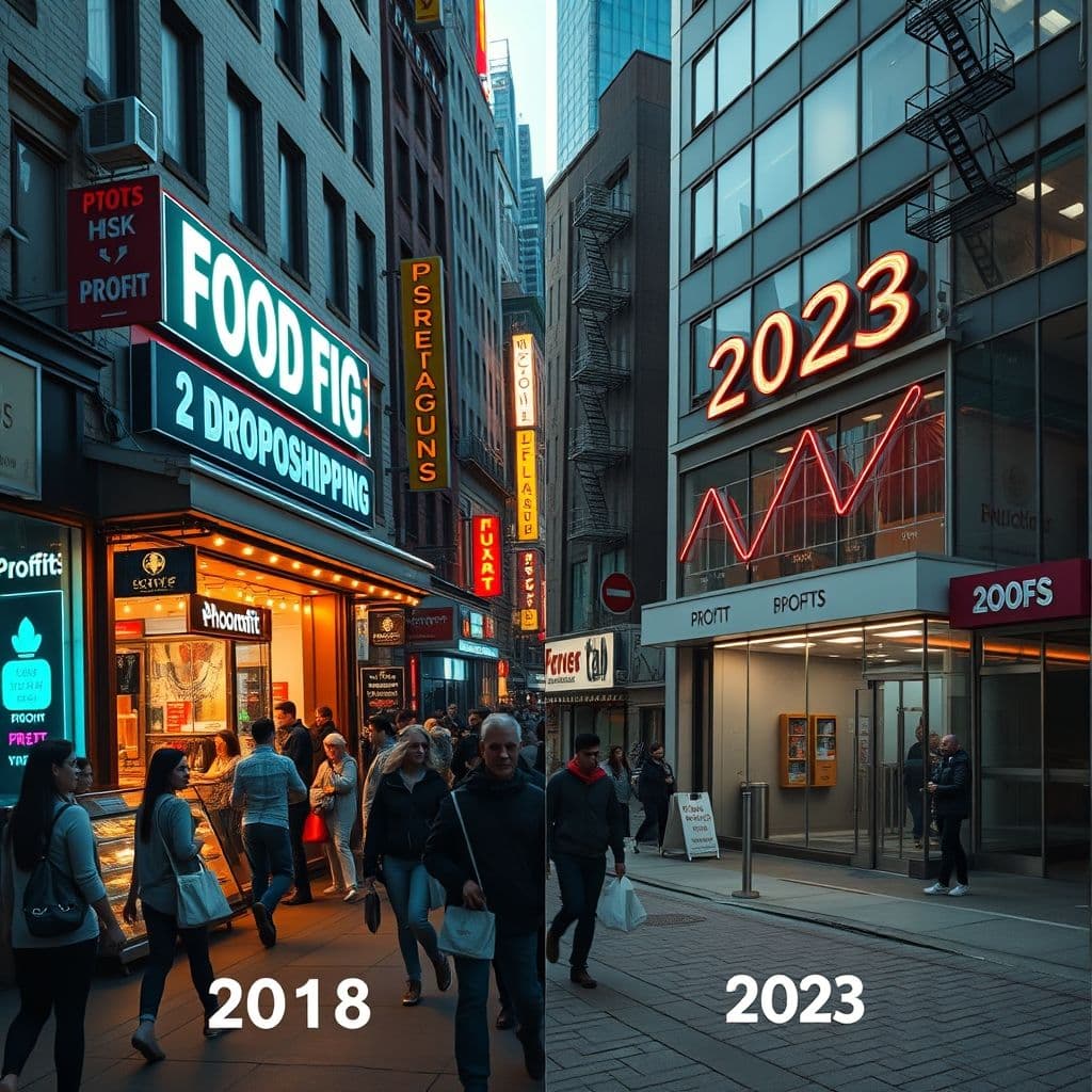 A side-by-side comparison of a dropshipping store in 2018 vs. 2023, showing declining profits.