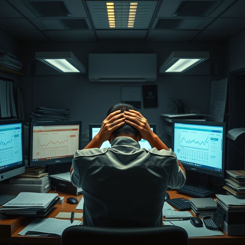 A cluttered desk with multiple screens showing ad analytics and a frustrated user.