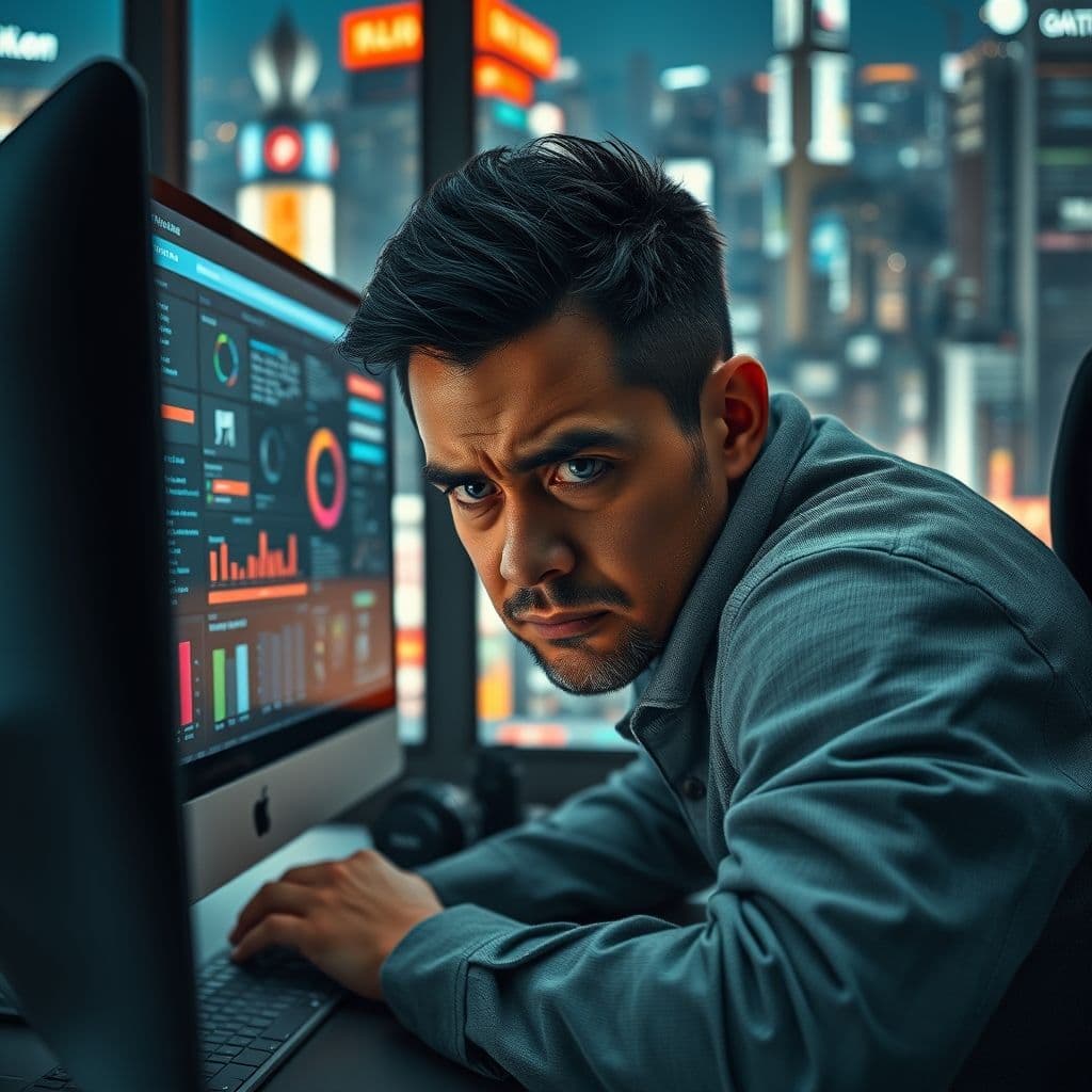Frustrated user struggling with complex automation tools on a laptop.
