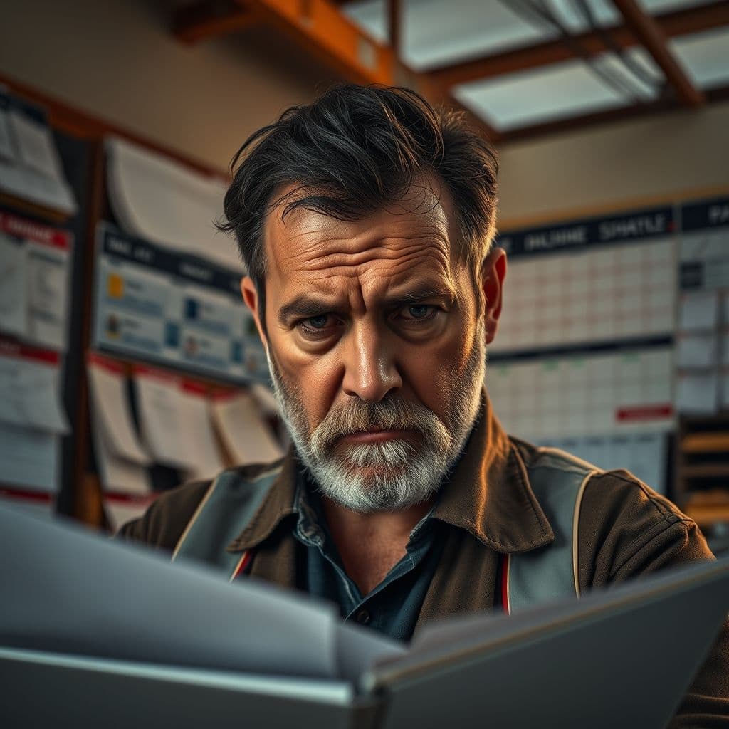 A frustrated trucking business owner looking at a chaotic schedule board.