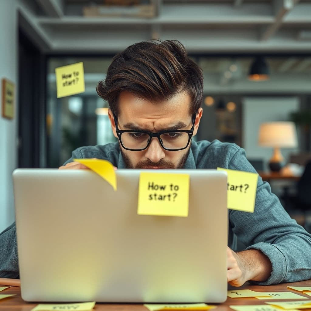 A frustrated entrepreneur staring at a blank screen, struggling to start digital dropshipping.