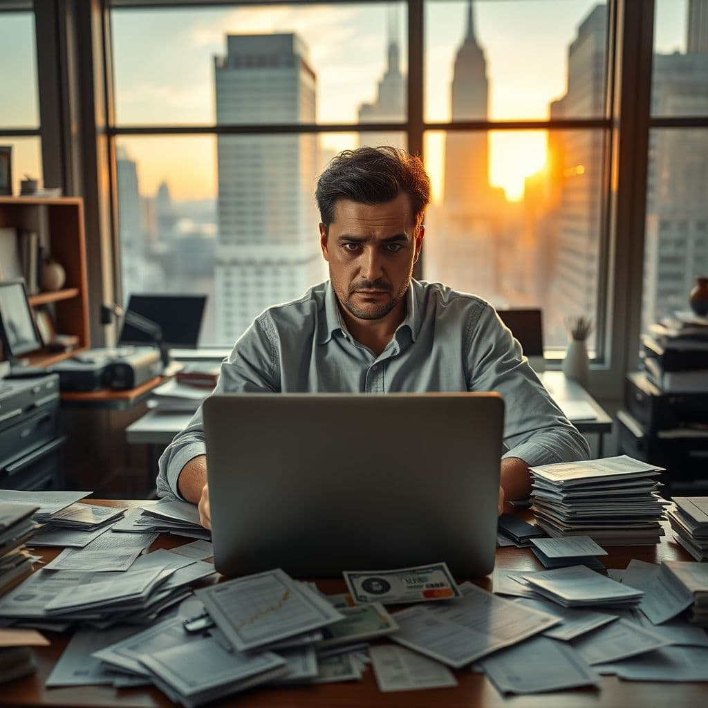 A person stressed over financial decisions between investing and debt repayment.