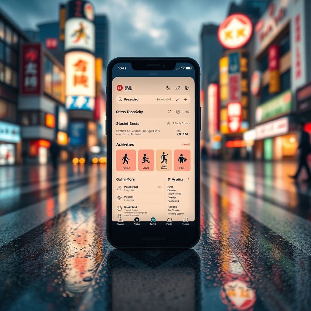 A mock-up of a mental wellness app dashboard showing personalized stress management tips.
