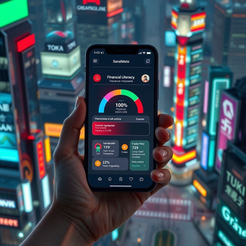 Conceptual interface of gamified finance app showing progress dashboard